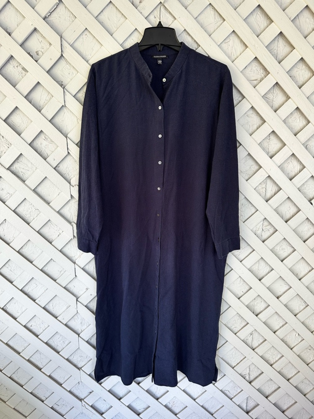 Eileen Fisher Tencel Navy Blue Houndstooth Button-Up Dress Long Sleeve M